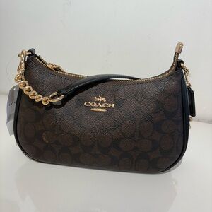Coach Black and Brown Shoulder Bag with Gold Accents